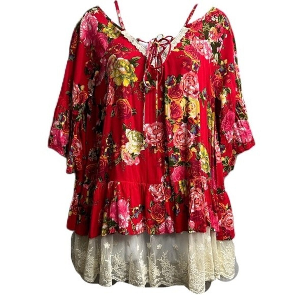 Umgee Floral Boho Top Size Large Blouse Cottagecore Lace Hem Flowy Women’s Top - Picture 8 of 16